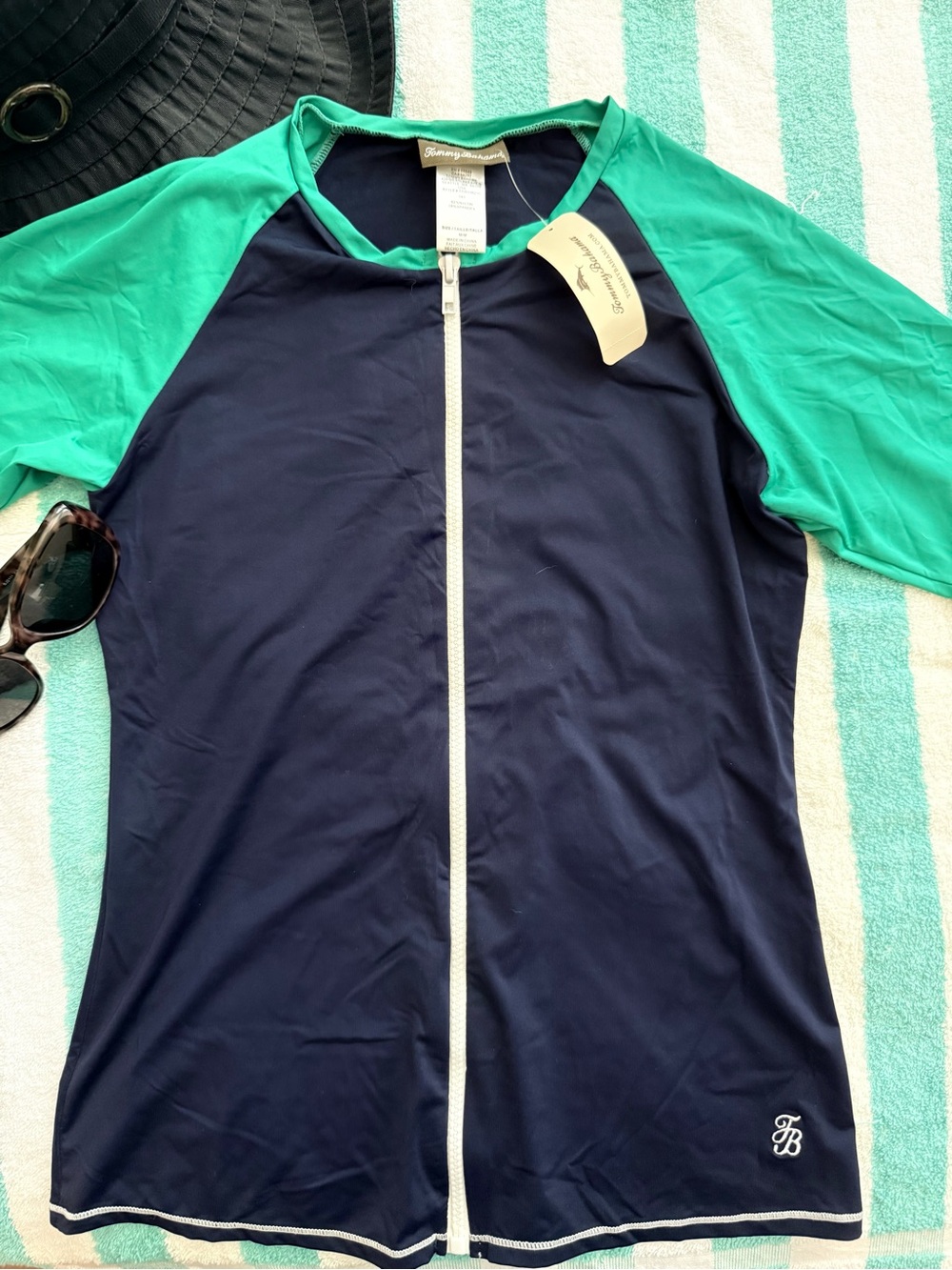 Tommy Bahama Navy and Teal Zip-Front Swim Top/Rash Guard